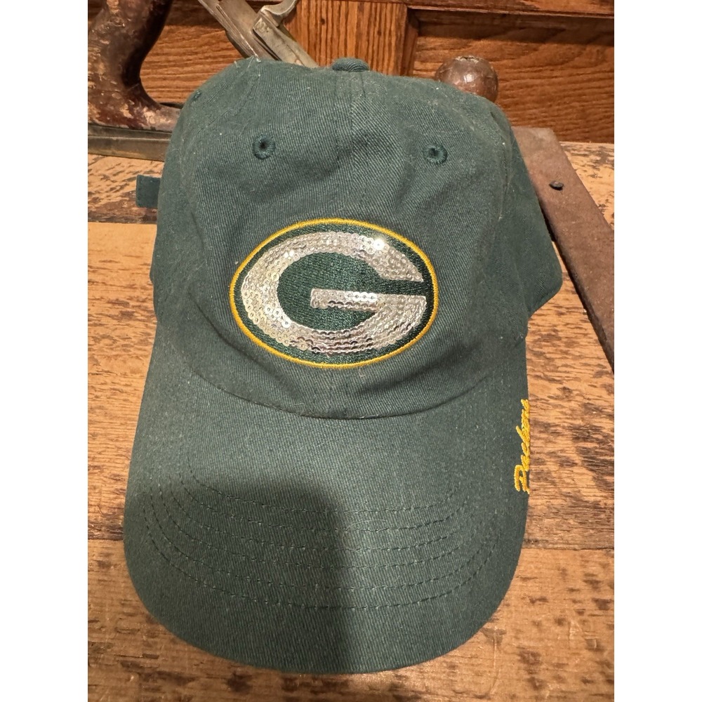Green Bay Packers Hat Strap Back Green NFL Headgear Women's Sequin Logo